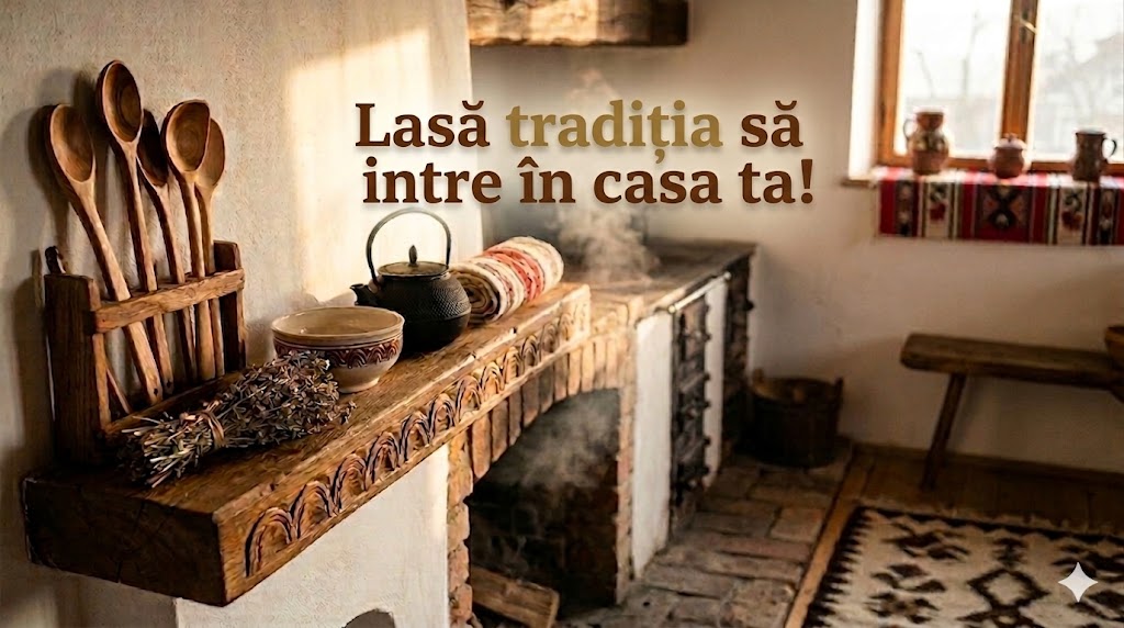 Decor de bucătărie rustică cu ustensile din lemn și textul Lasă tradiția să intre în casa ta pe fundal alb imaculat.