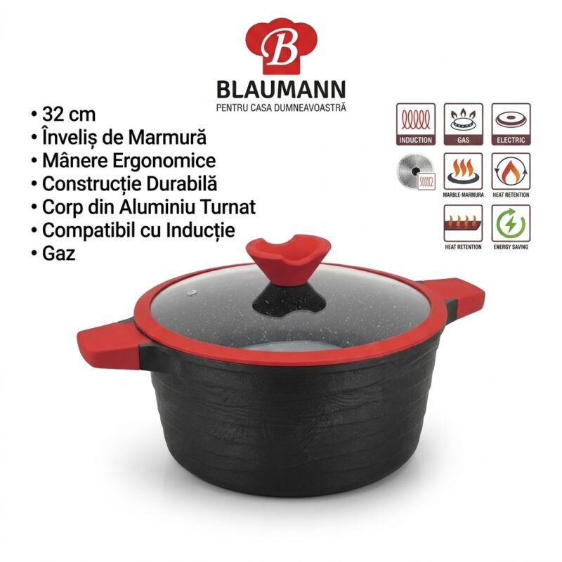 O cratiță neagră Blaumann de 32 cm, cu înveliș de marmură, mânere roșii ergonomice și capac de sticlă cu margine roșie, prezentată pe un fundal alb. Imaginea include text în română și pictograme care indică caracteristici precum corp din aluminiu turnat, compatibilitate cu inducția și gazul, retenție de căldură și economisire de energie.