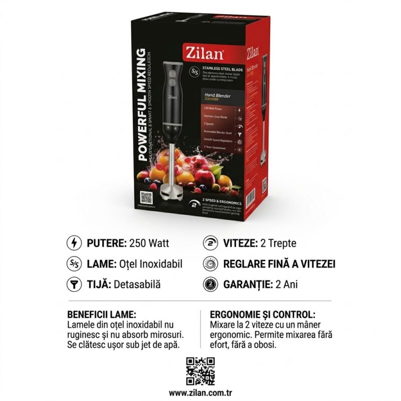 Specificații tehnice blender vertical Zilan 250W, 2 viteze și lame din oțel inoxidabil