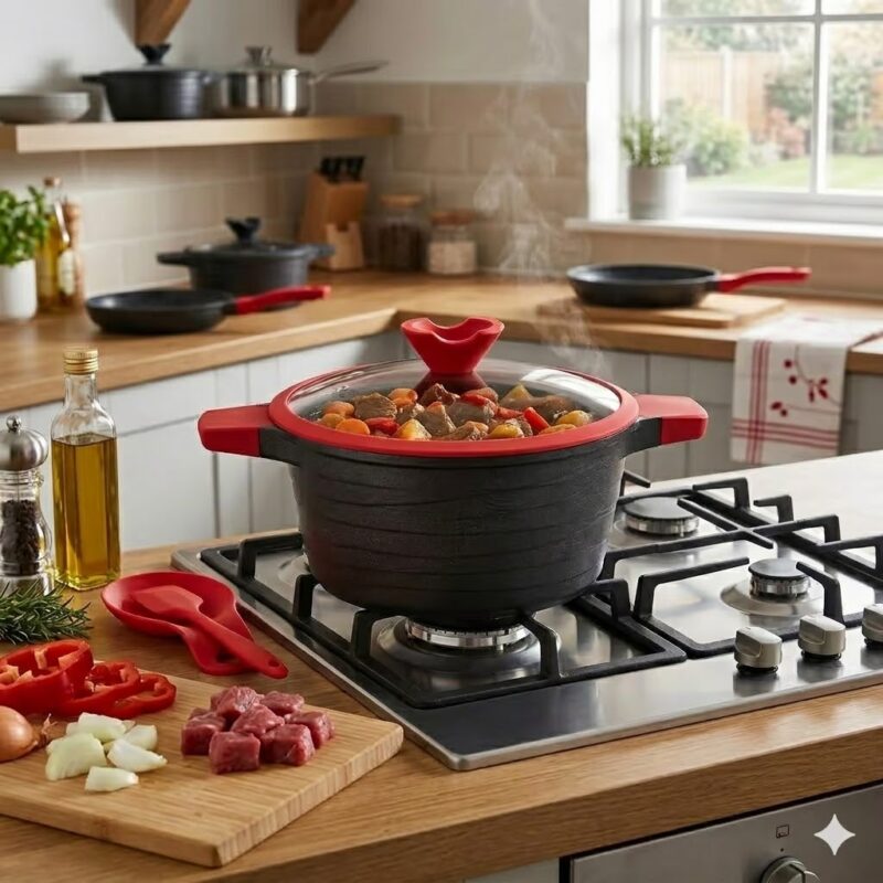 O cratiță neagră Blaumann de 32 cm, cu înveliș de marmură, mânere roșii ergonomice și capac de sticlă cu margine roșie, prezentată pe un fundal alb. Imaginea include text în română și pictograme care indică caracteristici precum corp din aluminiu turnat, compatibilitate cu inducția și gazul, retenție de căldură și economisire de energie.