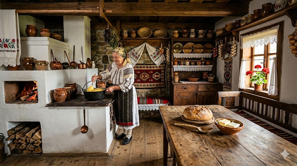 Bucătărie tradițională românească cu cuptor pe lemne și decor rustic autentic.