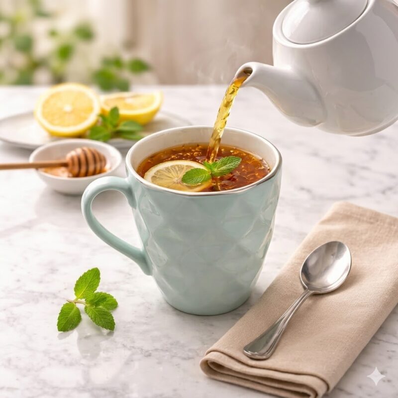 Prezentare matinală cu o cană verde mentă plină cu ceai, alături de felii de lămâie și mentă proaspătă.