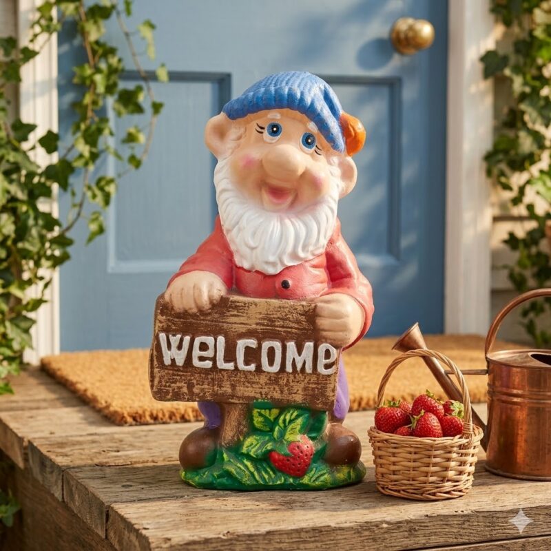 Decor pentru intrarea în casă cu pitic de grădină ținând mesajul Welcome, așezat pe o terasă din lemn lângă o ușă albastră și un coș cu căpșuni.