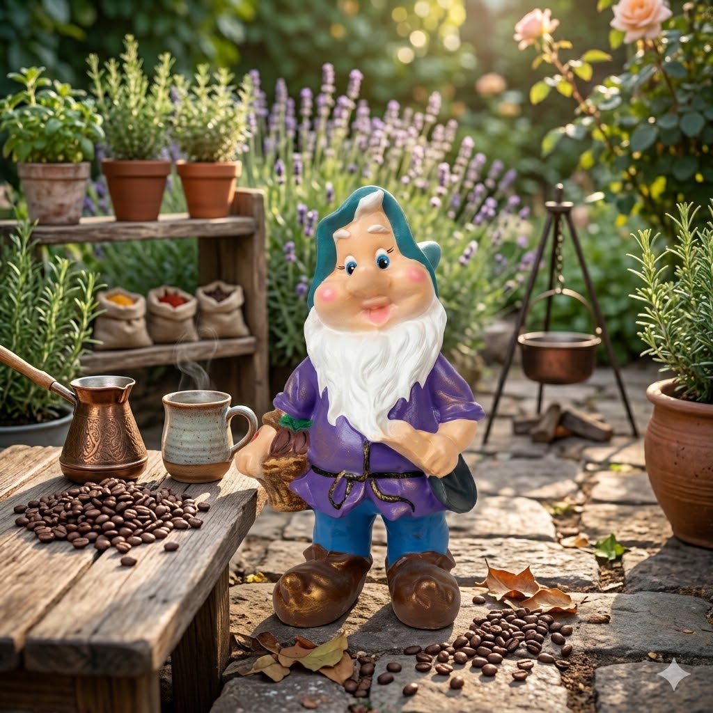 Figurina pitic de gradina mov integrata intr-un decor rustic pe terasa, langa un ibric de cafea, boabe de cafea si ierburi aromatice intr-o gradina insorita.