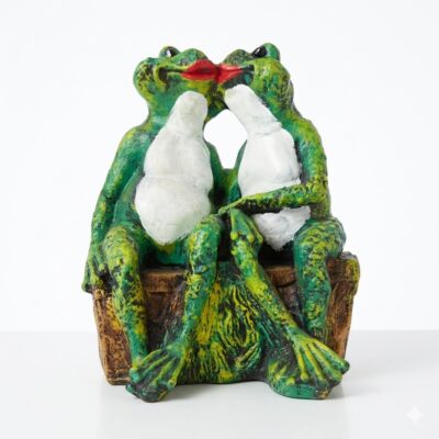 Statuetă decorativă pentru grădină reprezentând un cuplu de broaște îndrăgostite așezate pe un buștean, vedere frontală pe fundal alb.