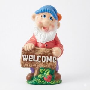 Figurină pitic de grădină cu căciulă albastră și bluză roșie, ținând o plăcuță din lemn cu mesajul Welcome, pe fundal alb.