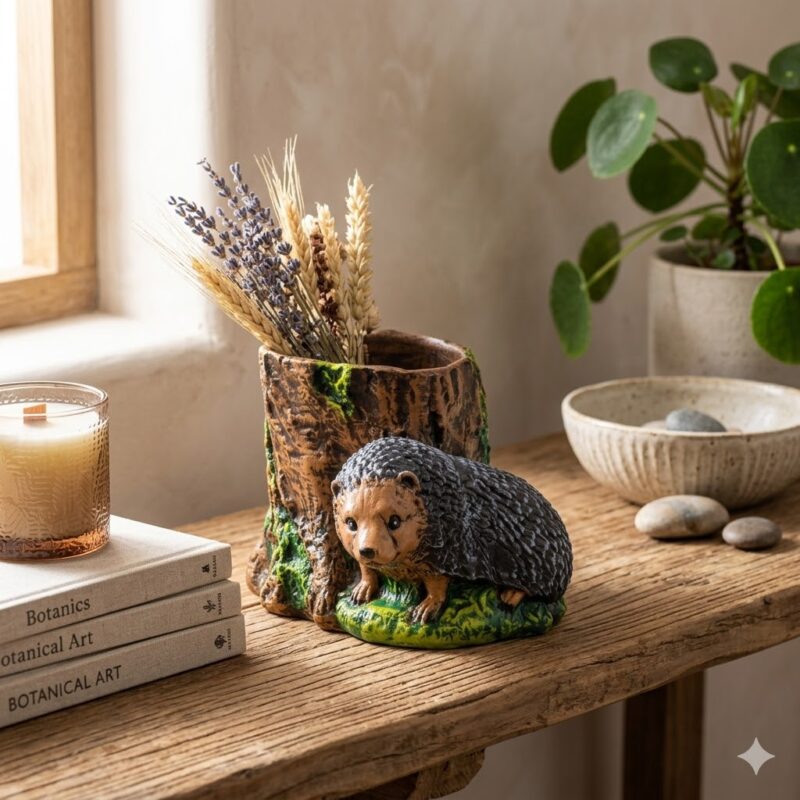 Ghiveci rustic cu arici folosit ca decorațiune interioară, așezat pe o masă din lemn cu flori uscate.