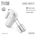 Mixer de mână alb Teesa TSA3536, putere 400W, 5 trepte de viteză și funcție Turbo