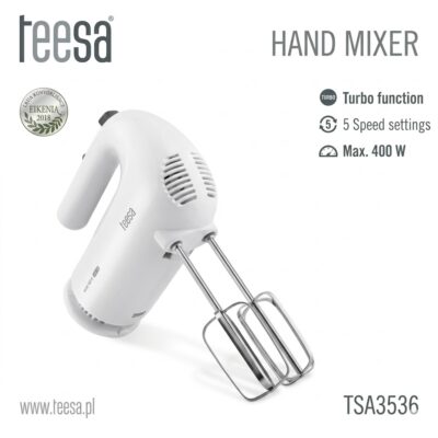 Mixer de mână alb Teesa TSA3536, putere 400W, 5 trepte de viteză și funcție Turbo