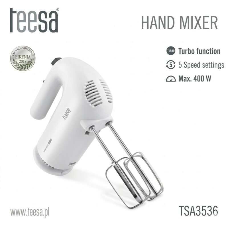 Mixer de mână alb Teesa TSA3536, putere 400W, 5 trepte de viteză și funcție Turbo