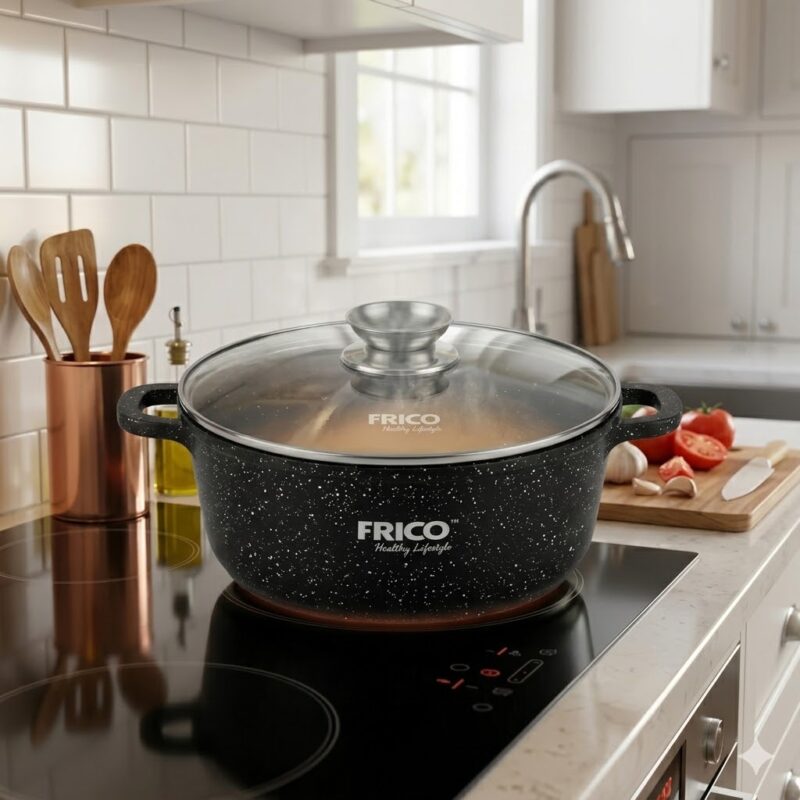 Oală de gătit Frico neagră, marmorată, cu capac de sticlă, pe o plită cu inducție pornită într-o bucătărie modernă.