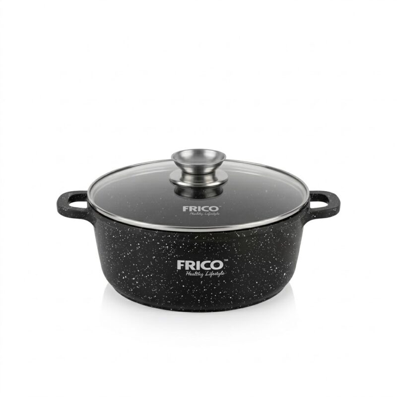Oală cu înveliș din marmură Frico FR-4406, diametru 24 cm, capacitate 4.5 litri, capac de sticlă, compatibilă inducție
