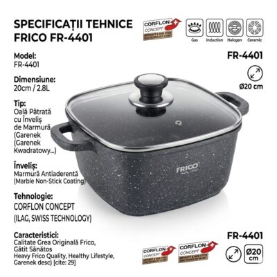 Dispune de un înveliș de marmură antiaderentă de top, CORFLON CONCEPT (ILAG, tehnologie elvețiană), pentru un gătit sănătos și o curățare ultra-rapidă. Această oală de calitate grea, originală Frico, este extrem de durabilă și compatibilă cu toate tipurile de plite: gaz, inducție, halogen și ceramică. Capacul de sticlă inclus îți permite să monitorizezi preparatele. Alegerea ideală pentru rețete variate.