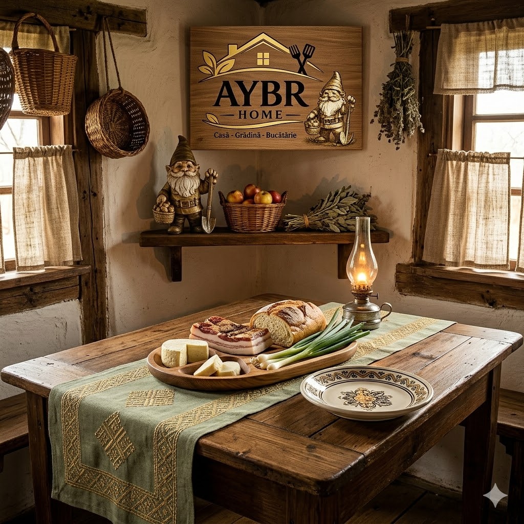 Decor rustic cu platou de servire din lemn, farfurie tradițională din ceramică și produse românești, reprezentând colecția de tradiție AYBR Home.