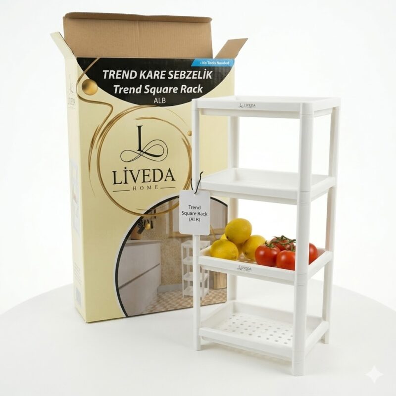 Raft organizator alb cu design pătrat Liveda Home Trend Square, ideal pentru depozitarea aerisită a legumelor și fructelor în bucătărie.