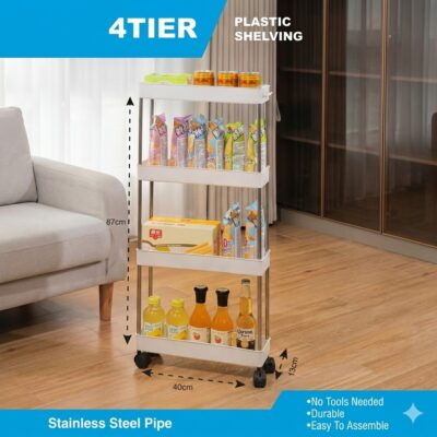 Raft de depozitare slim din inox cu 4 niveluri, dimensiuni 87x40x13cm, ideal pentru organizarea spațiilor înguste din bucătărie sau baie.