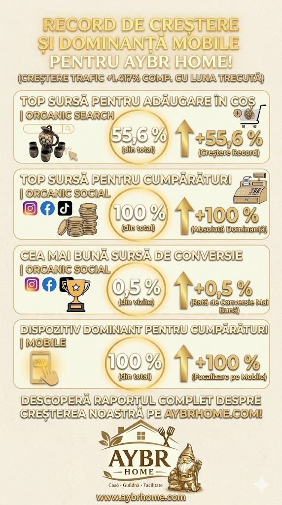Infografic raport de crestere AYBR HOME: crestere trafic 1.417% si dominanta mobile pentru produse de casa si bucatarie.