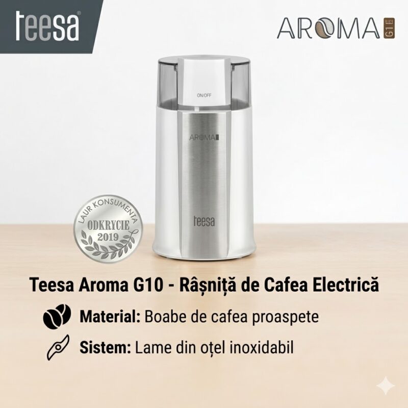 Râșniță de cafea electrică Teesa Aroma G10 cu lame din oțel inoxidabil și design argintiu