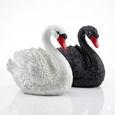 Set de două decorațiuni pentru grădină în formă de lebădă, una albă și una neagră, cu detalii realistice, pe fundal alb.