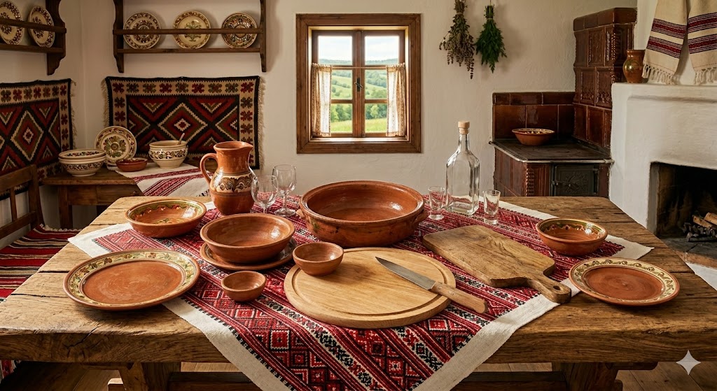 Farfurii din lut, boluri din ceramică și tocător de lemn pe o față de masă cu motive tradiționale românești, cadru rustic cu fereastră.