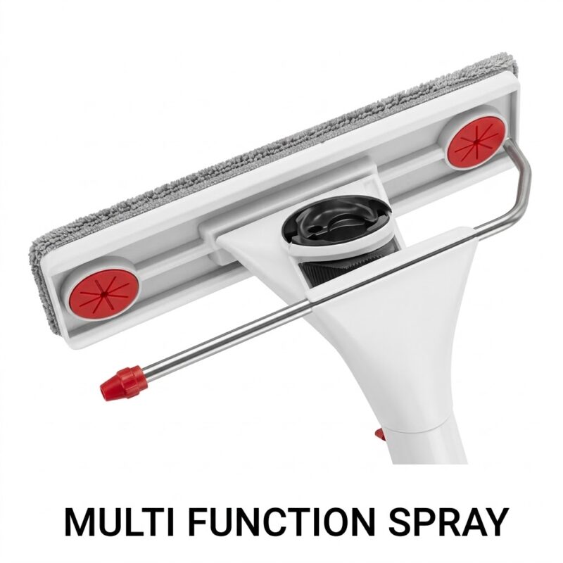 Detaliu al capului de mop multifuncțional Aurora pe fundal alb, ilustrând baza cu lavetă din microfibră, racleta încorporată pentru geamuri și tija metalică a pulverizatorului.