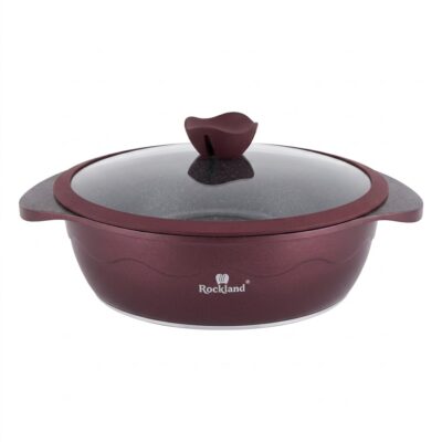 Cratiță antiaderentă Rockland, diametru 28 cm, culoare vișinie, cu interior din granit și capac din sticlă transparentă, prezentată pe fundal alb.