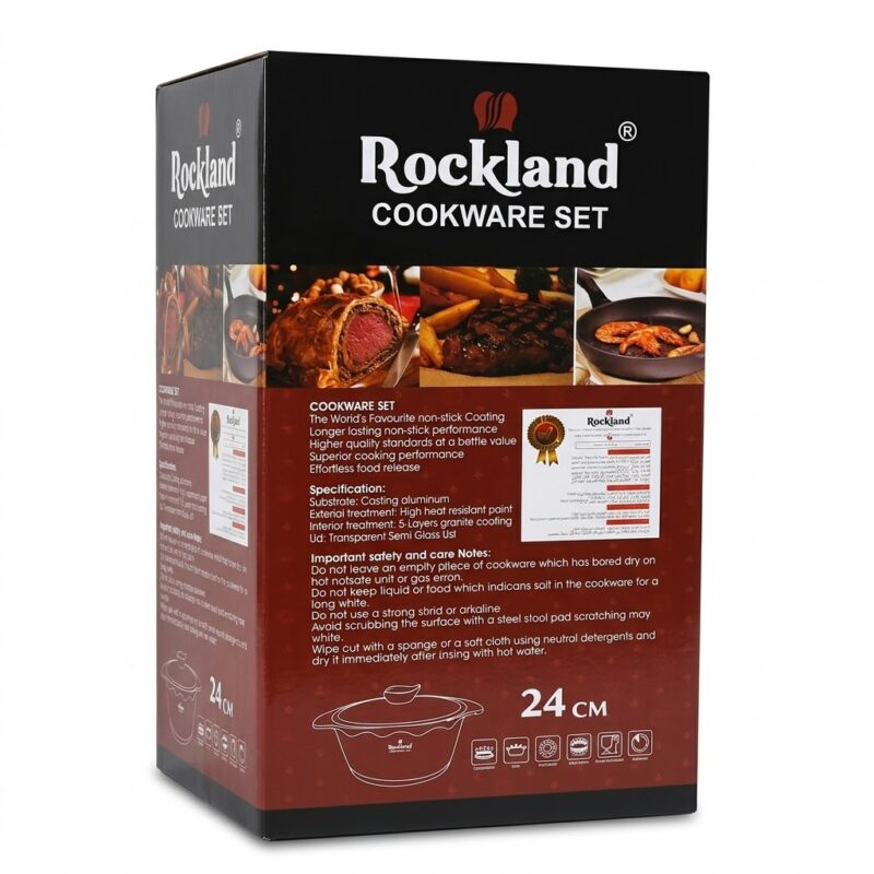 Cutia de prezentare a oalei Rockland de 24 cm, afișând brandul, imagini cu preparate culinare și panoul cu specificații tehnice, inclusiv materialele de fabricație, învelișul de granit și compatibilitatea cu sursele de căldură.