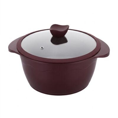 Oală casserole Rockland de 28 cm diametru, culoare visiniu închis (maro), fabricată din aluminiu turnat cu strat antiaderent, prevăzută cu mânere laterale integrate și capac de sticlă termorezistent cu mâner ergonomic maro.