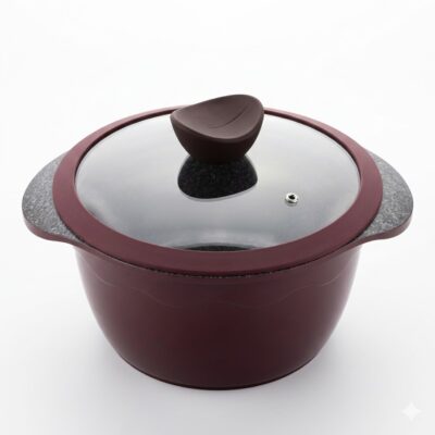 Oală pentru supă Rockland, diametru 20 cm, culoare vișinie, cu strat antiaderent din granit și capac din sticlă termoadecvată, prezentată pe fundal alb