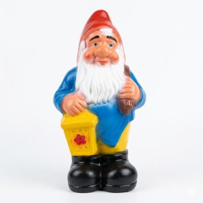 Figurină clasică pitic de grădină cu barbă albă și felinar galben, decorațiune de exterior pe fundal alb