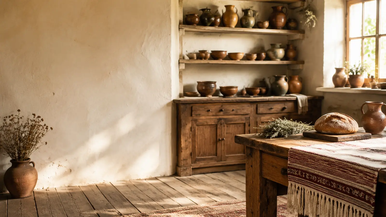 Bucătărie rustică românească cu ceramică, pâine și textile tradiționale