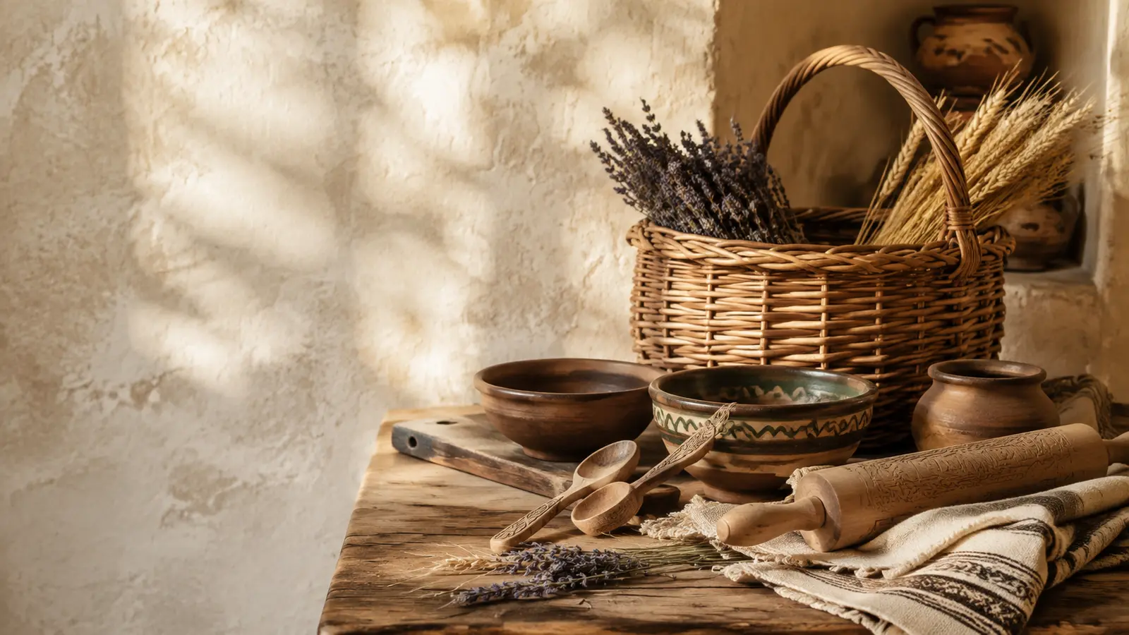 Coș de paie cu lavandă, grâu, ceramică și ustensile tradiționale din lemn